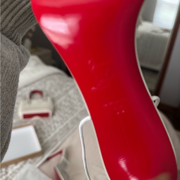 Christian Louboutin Ivory Satin Slingback Heels with Crystal Toe Strap - Picture 3 of 6